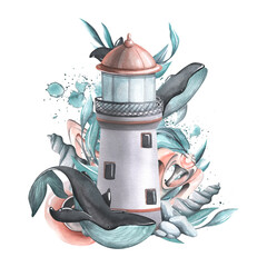 A marine lighthouse with whales, algae and shells. Watercolor illustration. Composition from the collection of WHALES. For the design and decoration of posters, stickers, beach and summer prints.