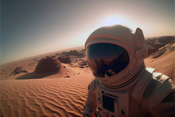 Fototapeta na wymiar An astronaut is sent on a journey to explore the rugged Mars landscape. The mission is a combination of research and discovery, as the astronaut seeks to uncover the secrets of the red planet Mars. 