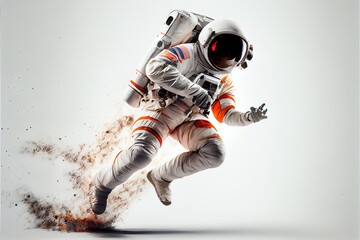 An astronaut kicking on a white background.. Generative AI