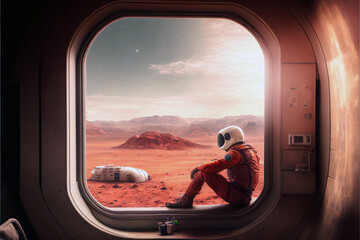 An astronaut is sent on a journey to explore the rugged Mars landscape. The mission is a combination of research and discovery, as the astronaut seeks to uncover the secrets of the red planet Mars.  - obrazy, fototapety, plakaty