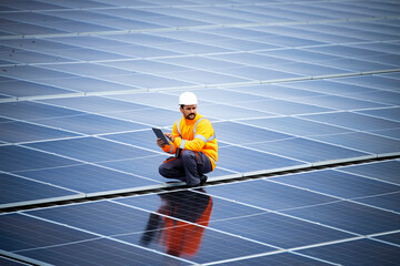Engineer inspector holding laptop and working in solar panels power plant checking photovoltaic cells and electricity production. - obrazy, fototapety, plakaty