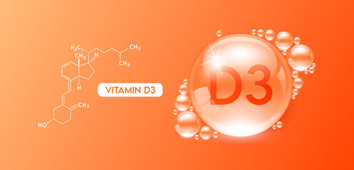 Drop water vitamin D3 orange with chemical structure. Vitamins complex collagen serum. Beauty treatment skincare. Medical and scientific concepts. 3D Realistic Vector EPS10.
