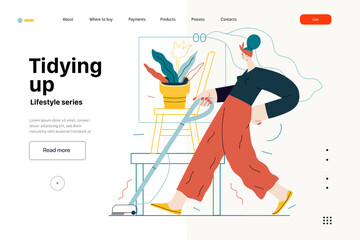 Lifestyle web template - Tidying up, housekeeping - modern flat vector illustration of a woman cleaning the floor with a vacuum cleaner. People activities concept