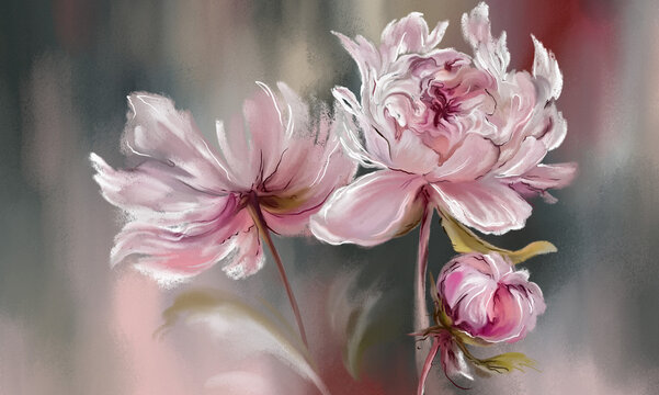 
Art drawing which depicts three peonies in a pastel style, photo wallpaper in the interior, picture