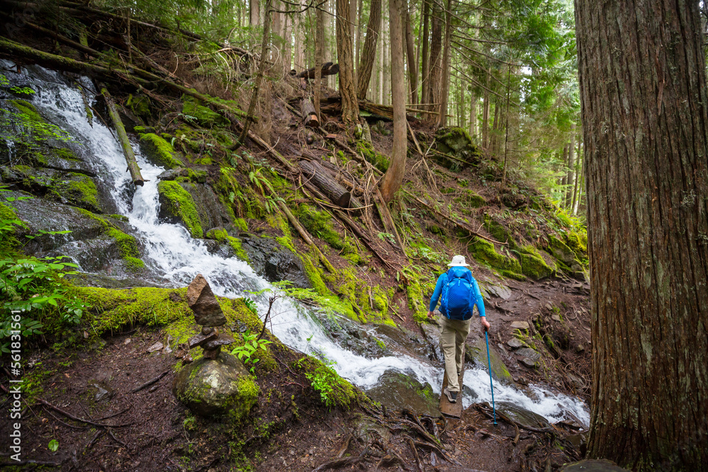 Sticker hiker near waterfall