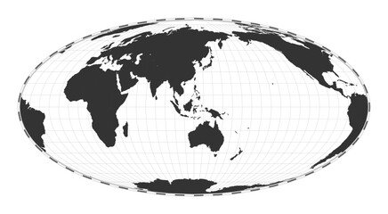 Vector world map in Mollweide projection, featuring latitude and longitude lines. Centered at 120 degrees W longitude.