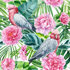 Pink flowers, leaves, cockatoo parrot, tropical background, Seamless pattern, jungle wallpaper. Watercolor style