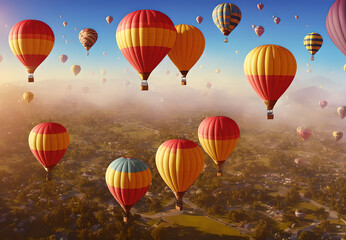 Obraz premium illustration of hot air balloons flying in the sky over realistic horizon Generative AI