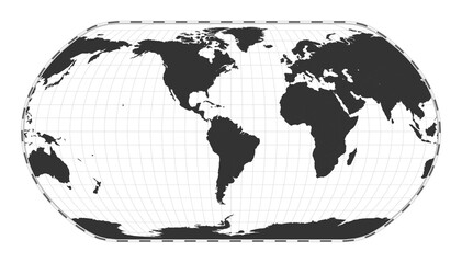 Vector world map. Natural Earth projection. Plain world geographical map with latitude and longitude lines. Centered to 60deg E longitude. Vector illustration.