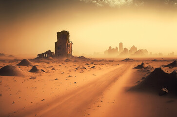Barren landscape with a deserted dry dirt path leading to city ruins. Sandstorm. Apocalypse city.