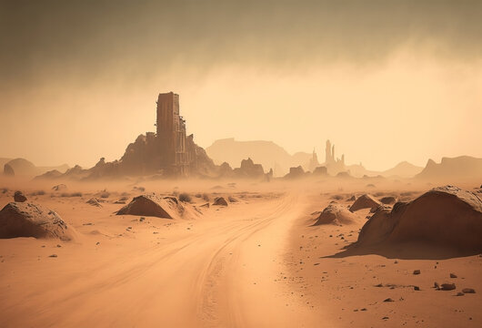 Desert sand road leading to a post apocalyptic city skyline ruins. Ancient stone ruins. Misty, foggy, sandstorm.