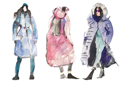 Women, girls in fashionable winter clothes watercolor