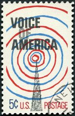USA - 1967: shows Radio Transmission Tower and Waves, Voice of America, branch of the US Information Agency, 1967