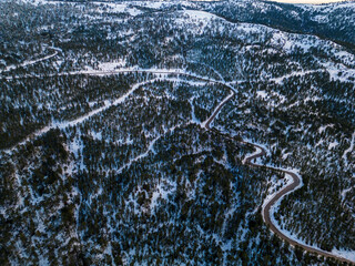 Aerial View of Snowy Forest with a Road. Captured from Above with a Drone