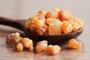 Frankincense or olibanum aromatic resin used in incense and perfumes.
