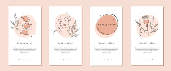 Beauty salon. Beautiful woman face, nail polish, scissors and hair brush. Vector illustrations