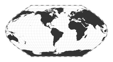 Vector world map. Eckert V projection. Plain world geographical map with latitude and longitude lines. Centered to 60deg E longitude. Vector illustration.