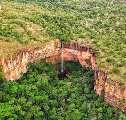 Drone view to Bridal Veil waterfall in Chapa dos Guimarãos National Park