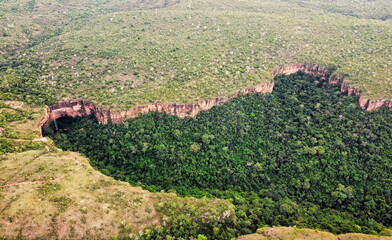 Drone view of the entire rock formation of the Veil of the Bride waterfall in Chapada dos Guimarães National Park