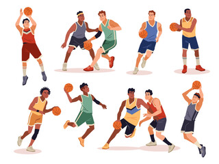 Basketball players. Athletes with ball in different poses, men handling, defense and offense, professional sport male players in uniform with orange ball, tidy vector cartoon flat set