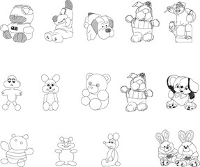 vector sketch illustration of a cute bear and other animals in black and white