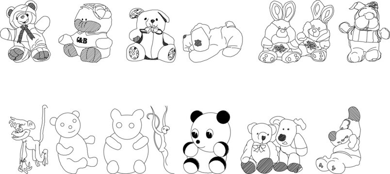 vector sketch illustration of a cute bear and other animals in black and white