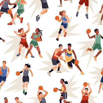 Basketball seamless pattern. Cartoon sport players characters, professional athletes in playing process with orange ball. Decor textile, wrapping paper, wallpaper, tidy vector background