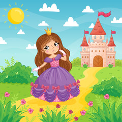 Cute little girl and princess in a purple beautiful dress stand on a background of a castle in a green meadow. Vector illustration in a cartoon style.