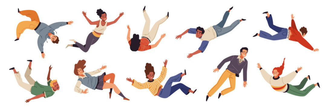Flying people. Movement in air, inspiration and freedom concept, falling young characters in different poses, hovering and soaring, happy guys and girls, tidy vector cartoon flat set