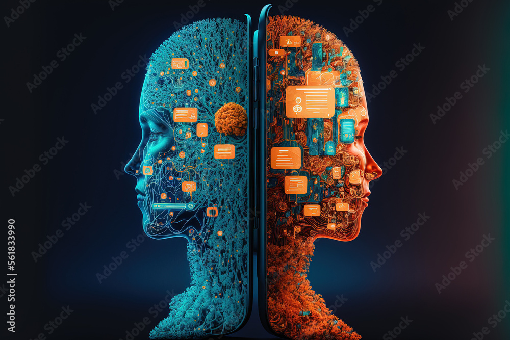 Poster concept of artificial intelligence on smartphones. an individual using a smartphone and an artificia