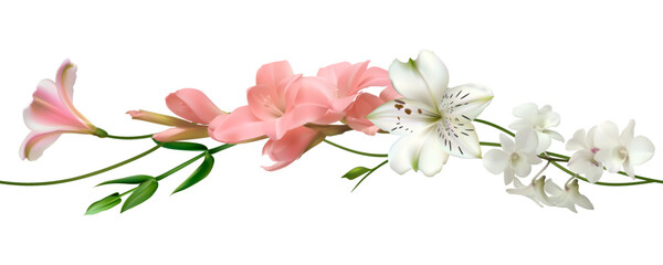 White flowers. Floral background. Green leaves. Eustoma. Lilies. Gladiolus. Seamless.