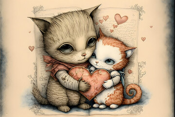 Cute animals hugging each other Valentines Day Love cat