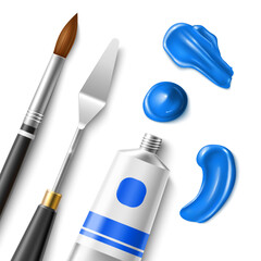 Realistic brushes and smears. 3d artistic paintbrush, oil paint tube, palette knife and blue strokes, creative supplies top view, artists instrument, utter vector isolated set