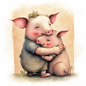 Cute animals hugging each other Valentines Day Love pig, pigglet