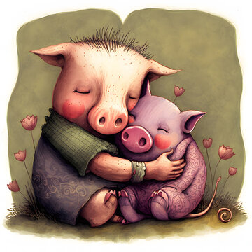 Cute animals hugging each other Valentines Day Love pig, pigglet