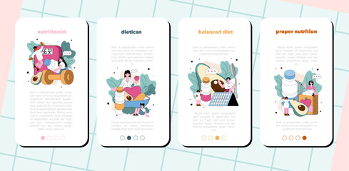 Nutritionist mobile application banner set. Nutrition therapy with healthy