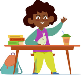 School child. Multiethnic girl sitting at desk in classroom, backpack on floor, smiling child books and textbooks, happy african student in class, studying lessons concept, vector character