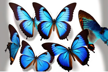 Obraz na płótnie Canvas Amazing common morpho butterflies flying on white background. Generative AI