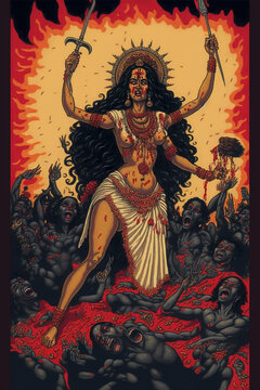 Maha Kali Deva Götting der Zerstörung verfällt dem Wahnsinn - Schrecken, Hass, Entsetzen, Grausam, Gewalt - hinduistisch religiöse Kunst für Poster, Hintergründe, T-shirts