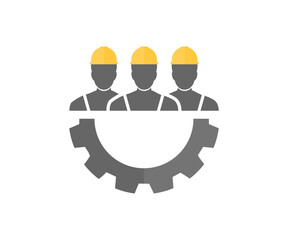 Human resources concept,  recruitment, teamwork, career, construction workers logo design. Employment Job Teamwork, gear wheel, workplace. HRM Resource Management vector design and illustration.
