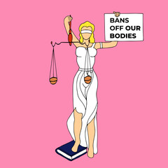 Vector illustration in doodle style concept on the theme of reproductive justice..Justice Statue holding scales and poster with  quote 