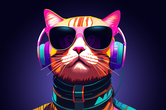 Cool cat with headphones and sunglasses listening to music. Flat, neon colors. Mixed fashion, 80's, 90's aesthetic. Music wallpaper. Generative AI