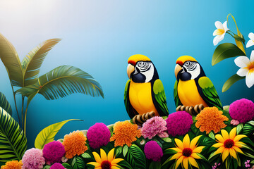 Naklejka premium Tropical background with a parrot, leaves and bright colorful flowers. Generative AI