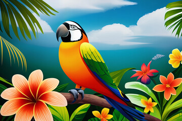 Tropical background with a parrot, leaves and bright colorful flowers. Generative AI