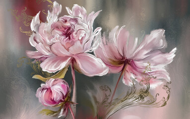 Peonies in monograms, art drawing on canvas with oil, photo wallpaper, picture