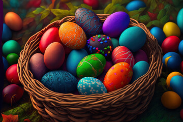 Fototapeta na wymiar A close up of a basket filled with vibrant Easter eggs. Generative AI