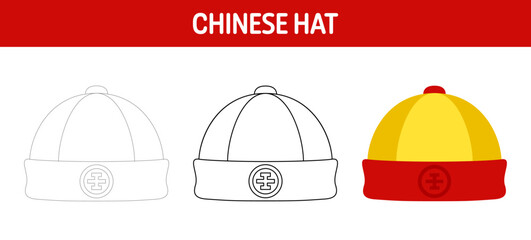 Chinese Hat tracing and coloring worksheet for kids