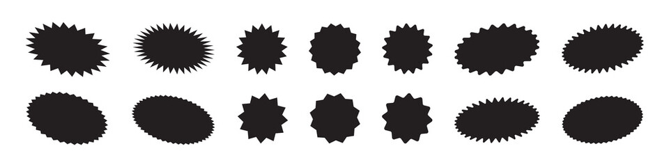 Promotion tag. Sunburst label. Starburst badge. Price tag vector set. Black sale label isolated on white background.