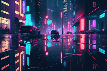 neon mega metropolis with puddles on the street reflecting light toward the towers. Idea for a central commercial district and nightlife (CBD) theme of cyberpunk, technical background. Generative AI