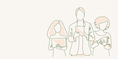 a group of people in smocks, doctors, with a tablet
